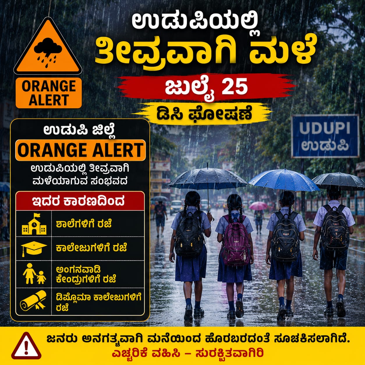 ಉಡುಪಿಯಲ್ಲಿ ಭಾರಿ ಮಳೆ: ಜುಲೈ 25ರಂದು ಶಾಲೆ, ಕಾಲೇಜುಗಳಿಗೆ ರಜೆ ಘೋಷಣೆ! ಜಿಲ್ಲಾಧಿಕಾರಿ ಆದೇಶ
